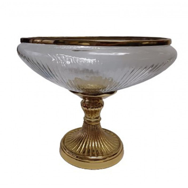 Γυάλινη Οβάλ Κουπ Γόνδολα με Μεταλλική Χρυσή Ραβδωτή Βάση Πόδι 25x23x30