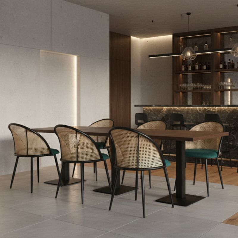 Καρέκλα Τραπεζαρίας Jacob PE Rattan - Κυπαρισσί Βελούδο - Μεταλλικό Μαύρο Πόδι 52x50x77