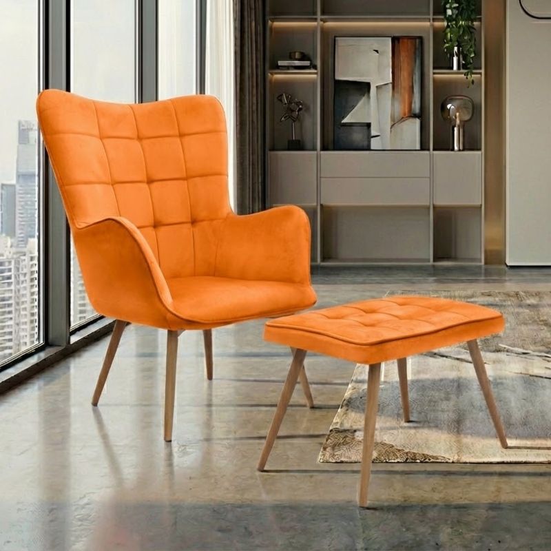 Πολυθρόνα - Μπερζέρα με Υποπόδιο Lily Κροκί Βελούδο - Μεταλλικό Πόδι Χρώμα Φυσικό 70x62x98