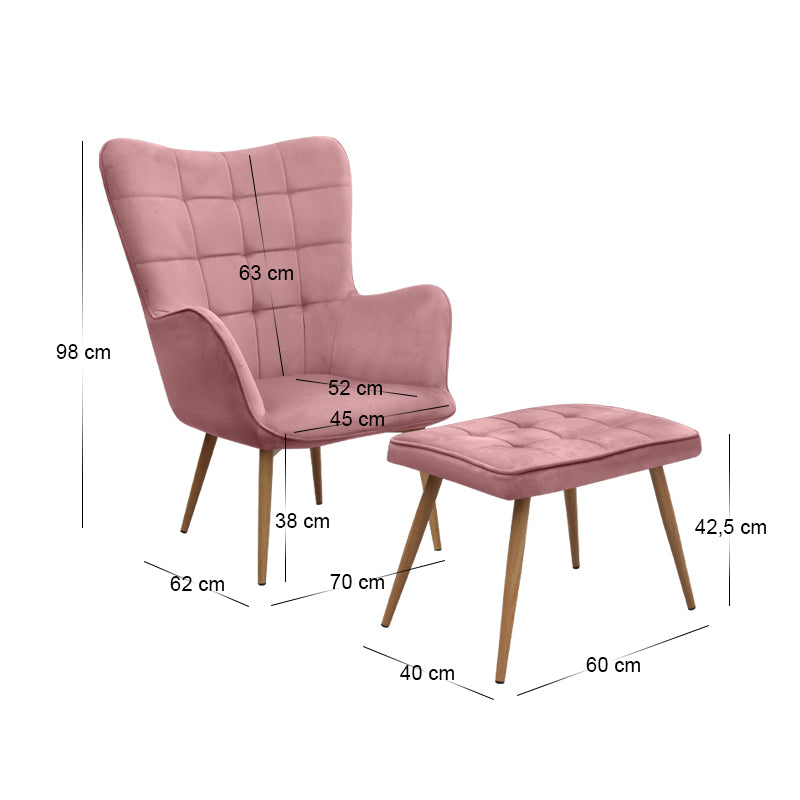 Πολυθρόνα - Μπερζέρα με Υποπόδιο Lily Σάπιο Μήλο Βελούδο - Μεταλλικό Πόδι Χρώμα Φυσικό 70x62x98