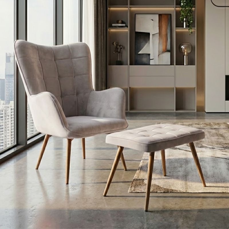 Πολυθρόνα - Μπερζέρα με Υποπόδιο Lily Μπεζ Βελούδο - Μεταλλικό Πόδι Χρώμα Φυσικό 70x62x98