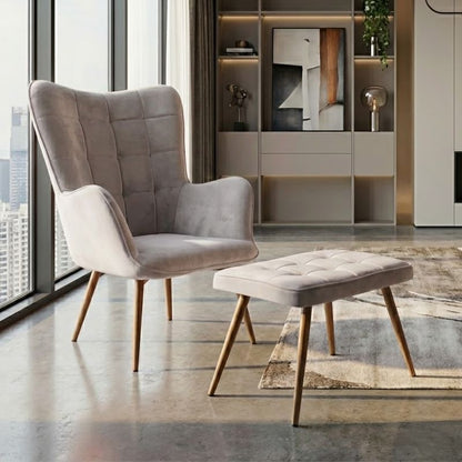 Πολυθρόνα - Μπερζέρα με Υποπόδιο Lily Μπεζ Βελούδο - Μεταλλικό Πόδι Χρώμα Φυσικό 70x62x98