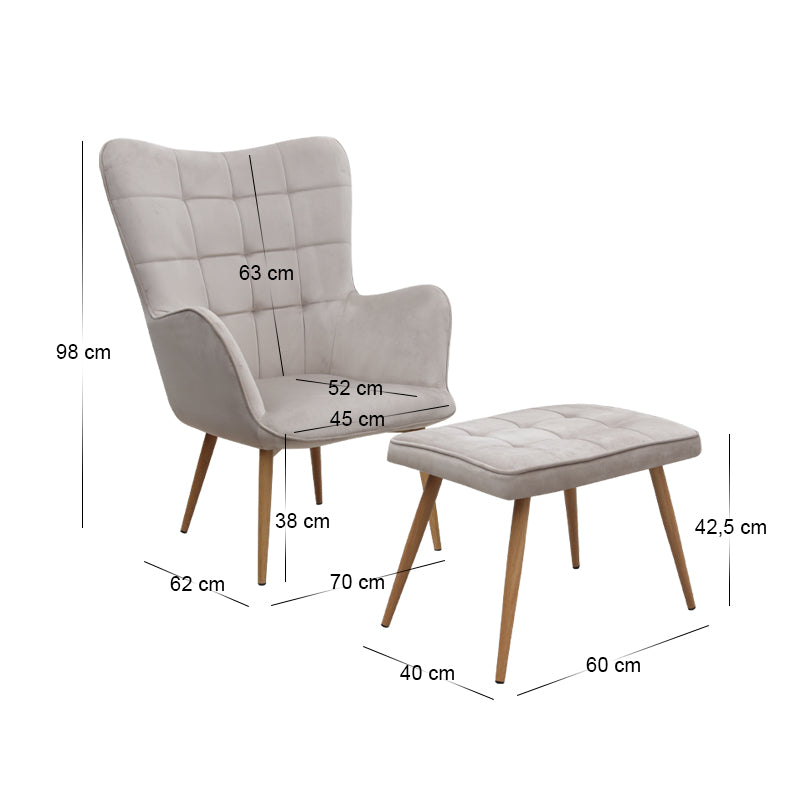 Πολυθρόνα - Μπερζέρα με Υποπόδιο Lily Μπεζ Βελούδο - Μεταλλικό Πόδι Χρώμα Φυσικό 70x62x98