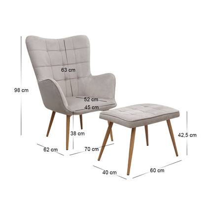 Πολυθρόνα - Μπερζέρα με Υποπόδιο Lily Μπεζ Βελούδο - Μεταλλικό Πόδι Χρώμα Φυσικό 70x62x98