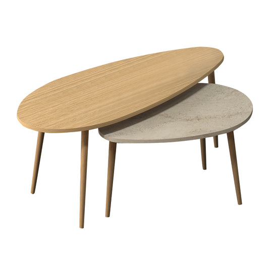 Τραπεζάκι Σαλονιού Σετ 2 Τμχ Elips Χρώμα Oak - Travertine 116x46x46