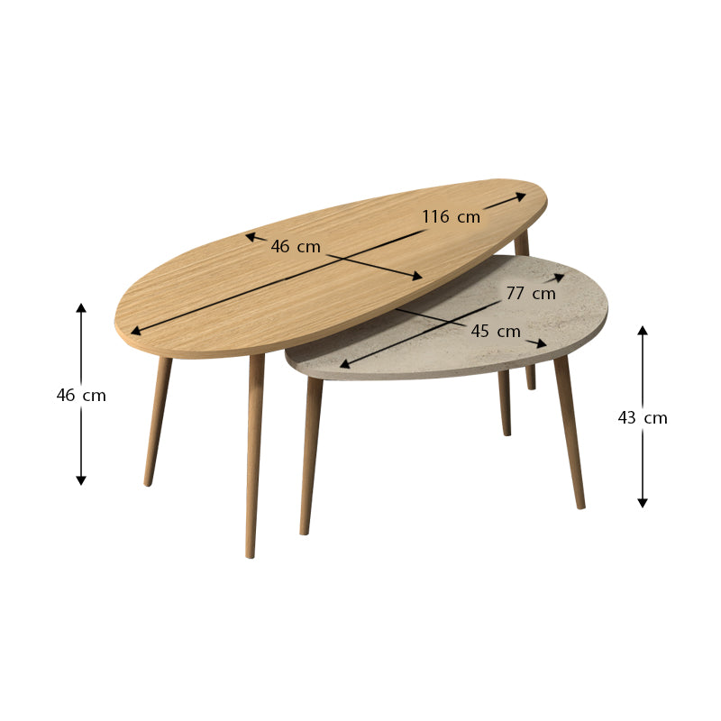 Τραπεζάκι Σαλονιού Σετ 2 Τμχ Elips Χρώμα Oak - Travertine 116x46x46