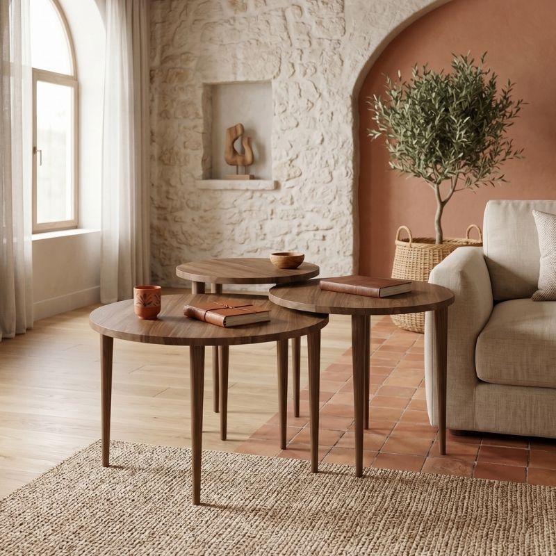 Τραπεζάκι Σαλονιού Σετ 3 Τμχ Nola Χρώμα Καρυδί Ø60x46