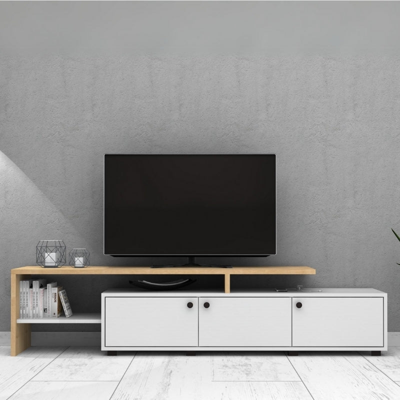 Έπιπλο Τηλεόρασης Amadeo Χρώμα Λευκό - Φυσικό Οξιάς 197,5x35x46