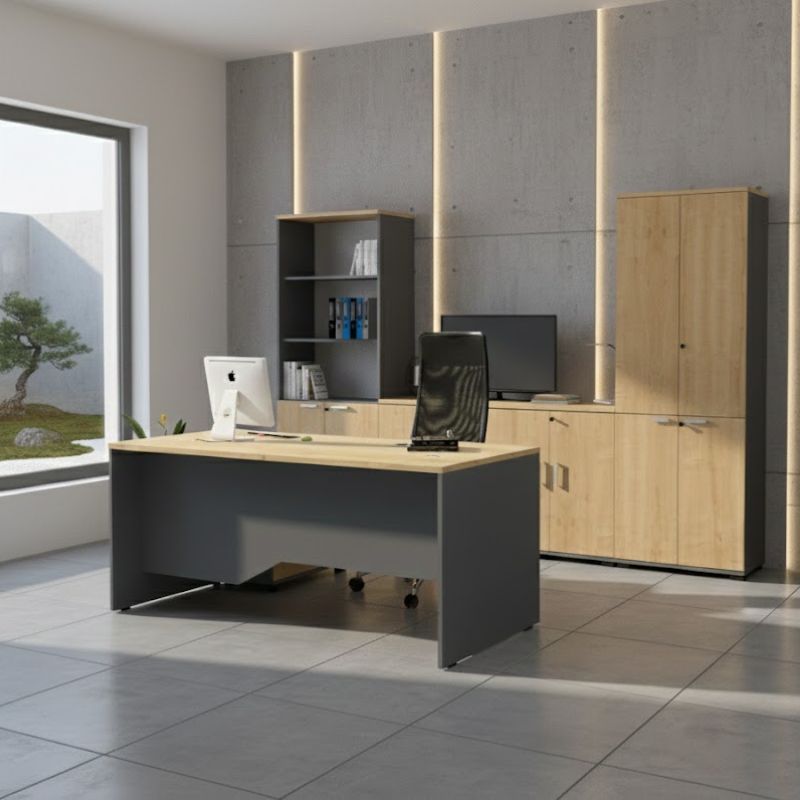 Βιβλιοθήκη Γραφείου Επαγγελματική Venturo Χρώμα Ανθρακί - Φυσικό Οξιάς 80x40x200