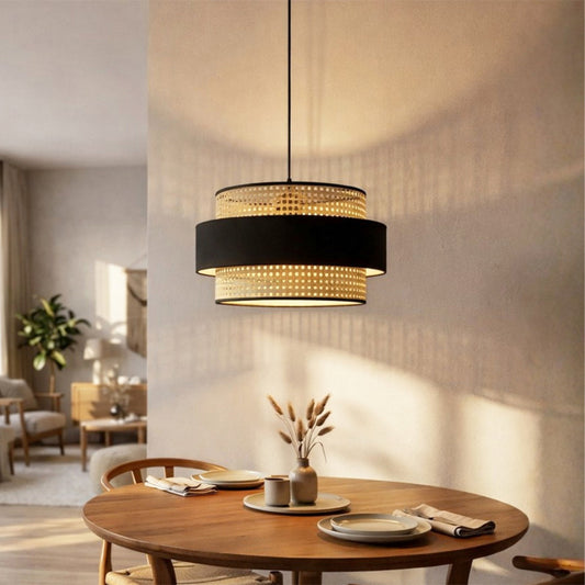 Φωτιστικό Οροφής Orvia E27 Ρατάν Μονόφωτο Χρώμα Φυσικό - Μαύρο Ø30x70