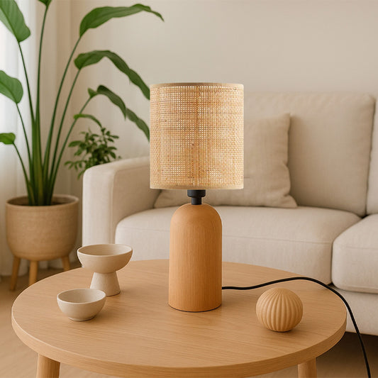 Φωτιστικό Επιτραπέζιο Cora E14 Ξύλινο - PE Rattan Χρώμα Φυσικό Ø15x35
