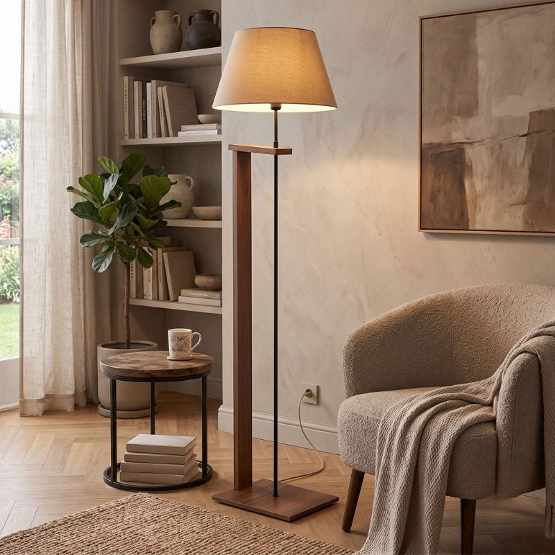 Floor Lamp Moris MDF - PVC Fabric Walnut - Beige Φ38x150
