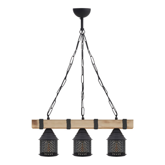Φωτιστικό Οροφής Elora E27 Ξύλινο - Μεταλλικό Τρίφωτο Χρώμα Φυσικό - Μαύρο 50x13x75