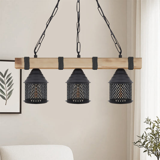 Φωτιστικό Οροφής Elora E27 Ξύλινο - Μεταλλικό Τρίφωτο Χρώμα Φυσικό - Μαύρο 50x13x75