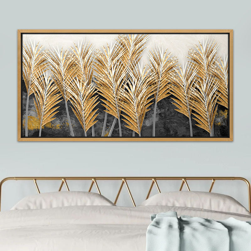 Πίνακας σε Καμβά "Gold Leaves" Ψηφιακής Εκτύπωσης με Κορνίζα Χρώμα Χρυσό 140x70x3