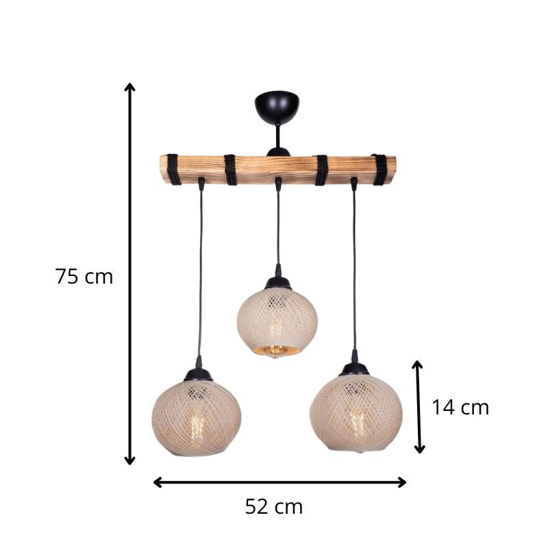 Φωτιστικό Οροφής Sirmione E27 Ξύλινο - Σχοινί Τρίφωτο Χρώμα Μπεζ - Φυσικό 49x17x75