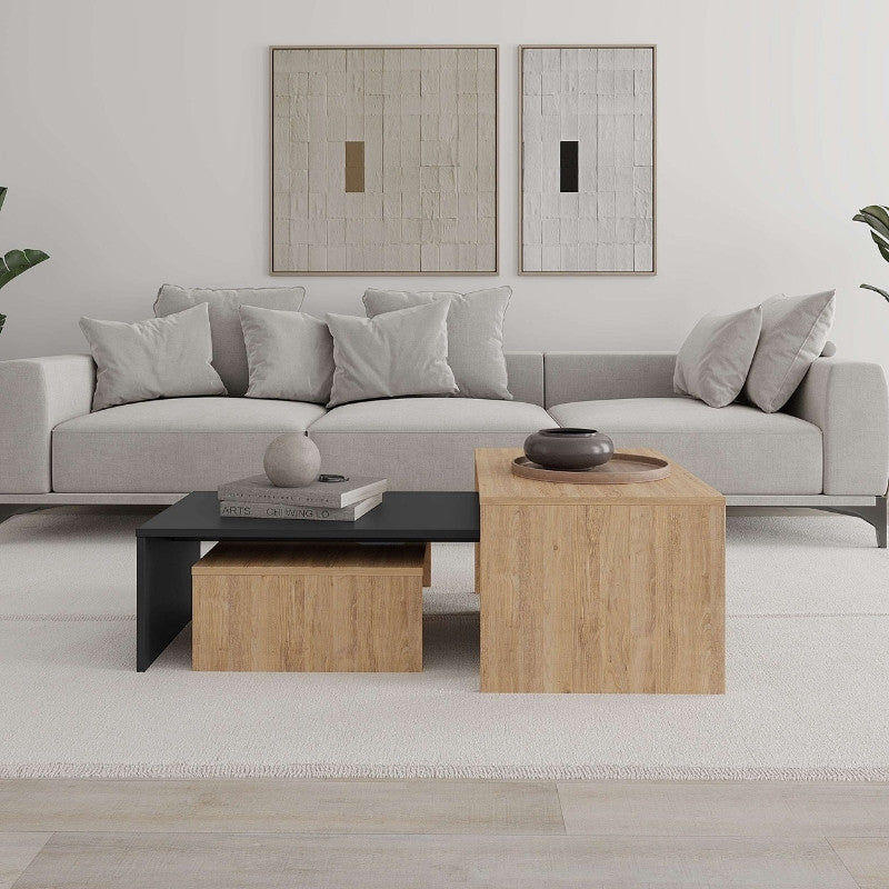 Τραπεζάκι Σαλονιού Σετ 3 Τμχ Kanta Χρώμα Sapphire Oak - Silky Black 80x50x40,5