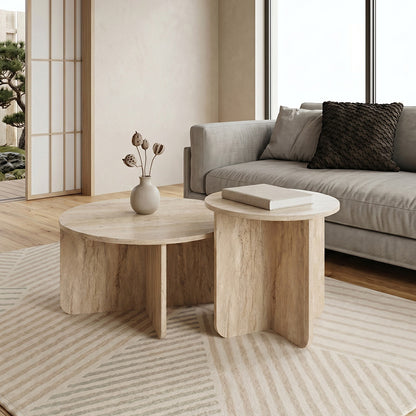 Coffee Table Set 2 Pcs Hillary Travertine Color Ø70x38