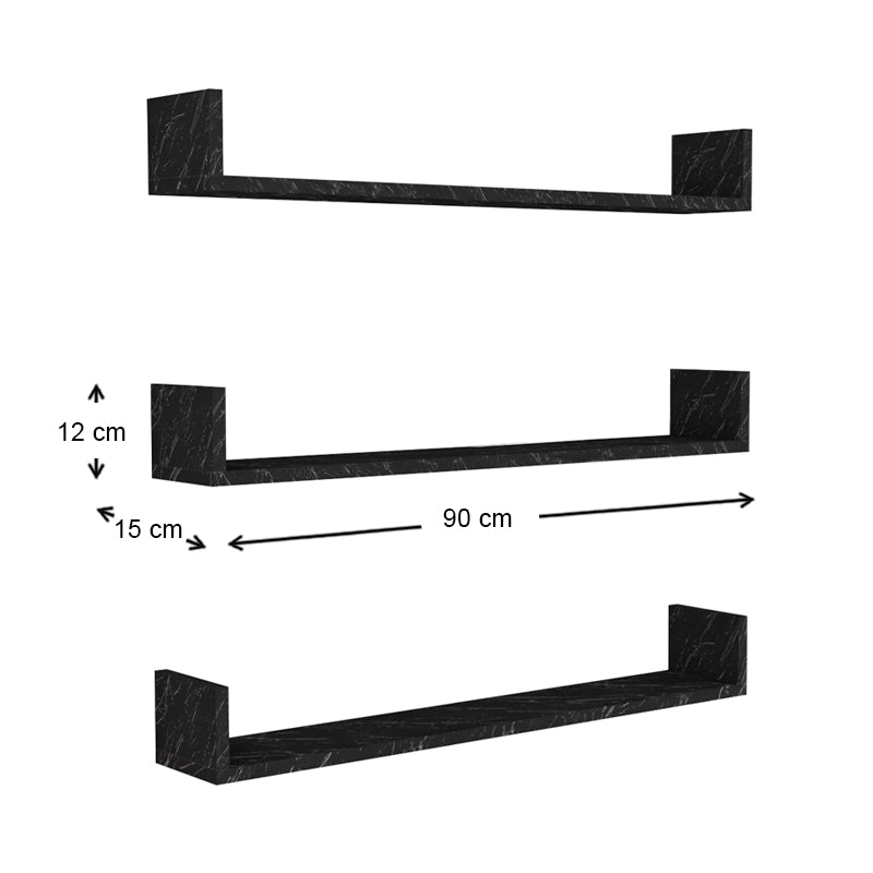 Ραφιέρα Τοίχου Tyrion 3 Τεμαχίων από Μελαμίνη Χρώμα Μαύρο Εφέ Μαρμάρου 90X15X12