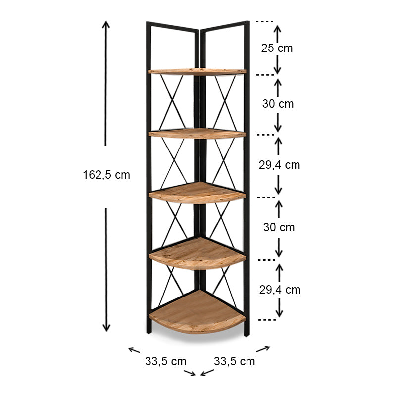Βιβλιοθήκη Γωνιακή Kelsie Μεταλλική - Μελαμίνης Χρώμα Μαύρο - Pine Oak 33x33x162