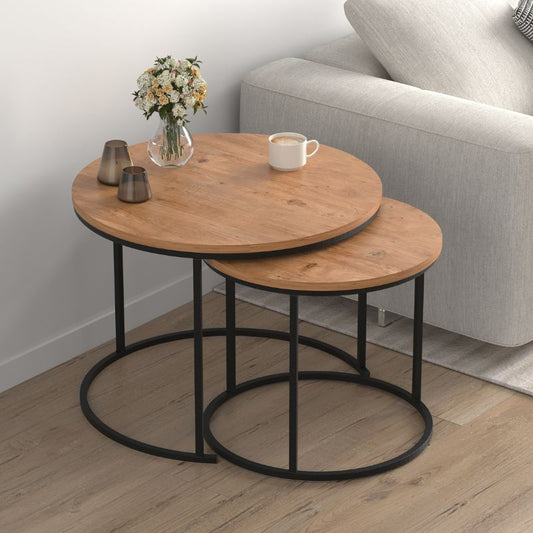 Τραπεζάκι Σαλονιού Σετ 2 Τμχ Hilal Χρώμα Pine Oak Ø66x49,5