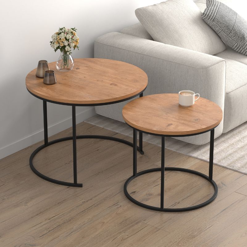 Τραπεζάκι Σαλονιού Σετ 2 Τμχ Hilal Χρώμα Pine Oak Ø66x49,5