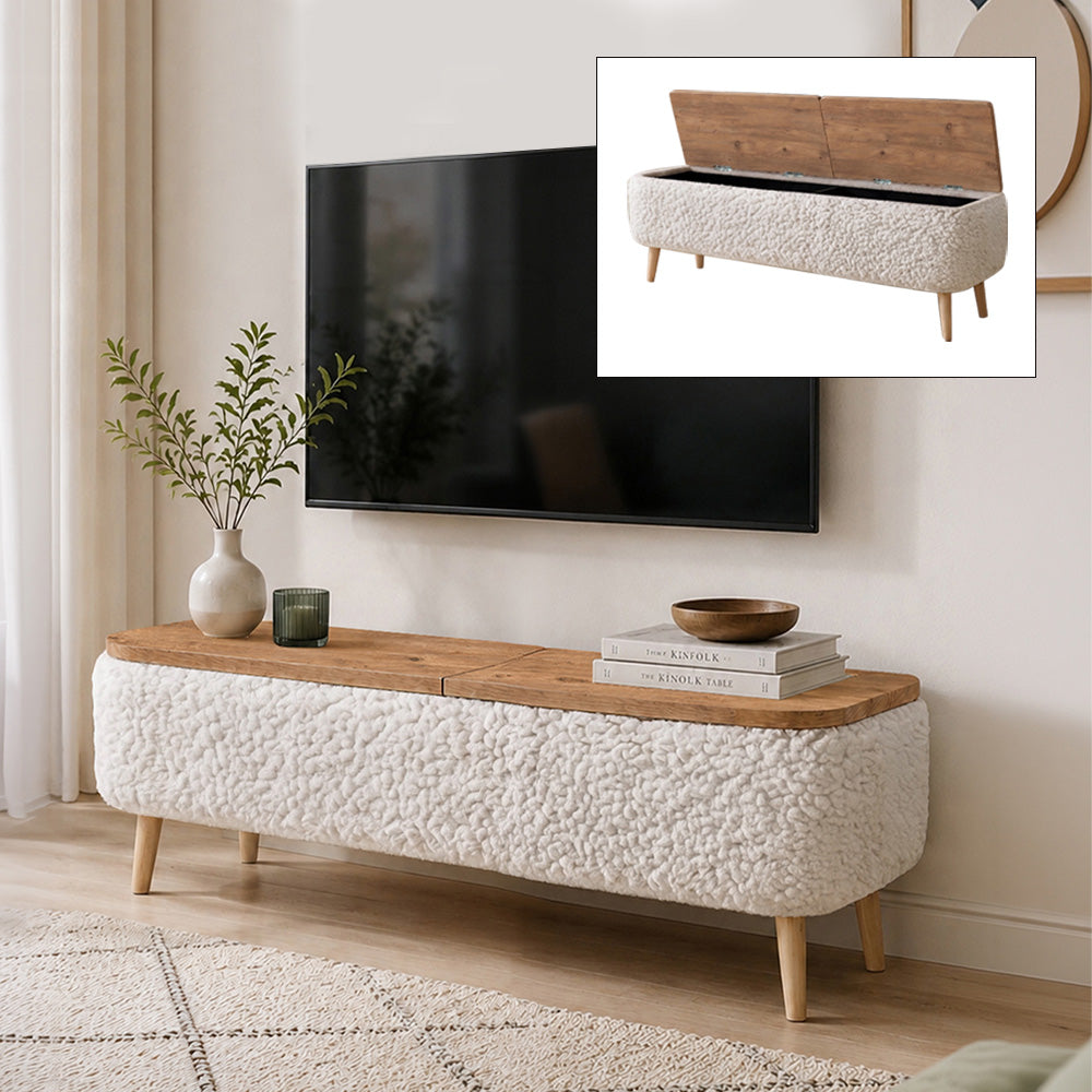 Έπιπλο Τηλεόρασης Luno Ύφασμα Teddy Χρώμα Λευκό - Pine Oak 120x30x45