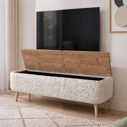 Έπιπλο Τηλεόρασης Luno Ύφασμα Teddy Χρώμα Λευκό - Pine Oak 120x30x45