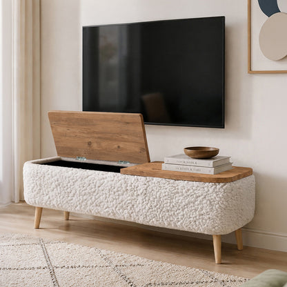 Έπιπλο Τηλεόρασης Luno Ύφασμα Teddy Χρώμα Λευκό - Pine Oak 120x30x45