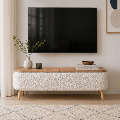 Έπιπλο Τηλεόρασης Luno Ύφασμα Teddy Χρώμα Λευκό - Pine Oak 120x30x45