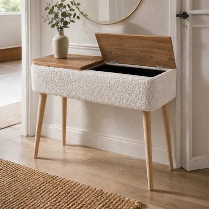 Κονσόλα Luno Ύφασμα Teddy Χρώμα Λευκό - Pine Oak 90x30x90