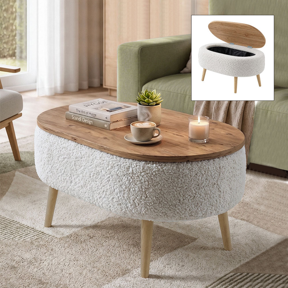 Luno Coffee Table Teddy Fabric White - Pine Oak Color 90x60x45