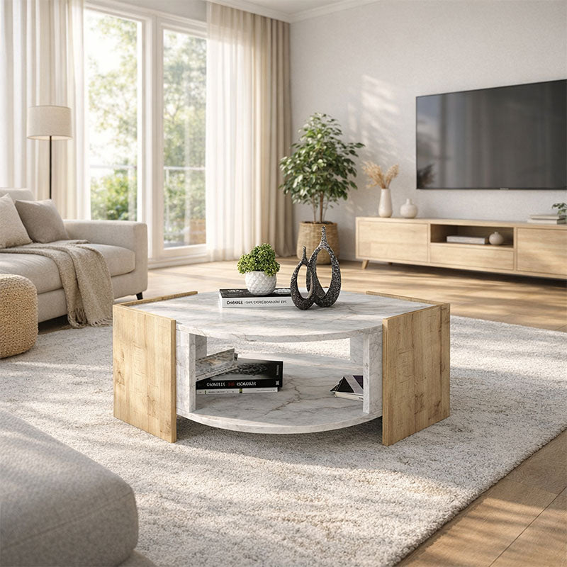 Τραπεζάκι Σαλονιού Marbel Χρώμα Sapphire Oak - Λευκό Εφέ Μαρμάρου 75x75x40