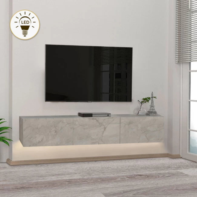 Έπιπλο Τηλεόρασης Επιτοίχιο Damla με LED Χρώμα Λευκό Εφέ Μαρμάρου 180x29,5x29,5