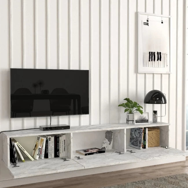 Έπιπλο Τηλεόρασης Επιτοίχιο Damla με LED Χρώμα Λευκό Εφέ Μαρμάρου 180x29,5x29,5
