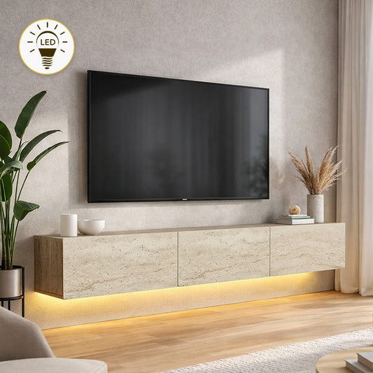 Έπιπλο Τηλεόρασης Επιτοίχιο Damla με LED Χρώμα Travertine 180x29,5x29,5