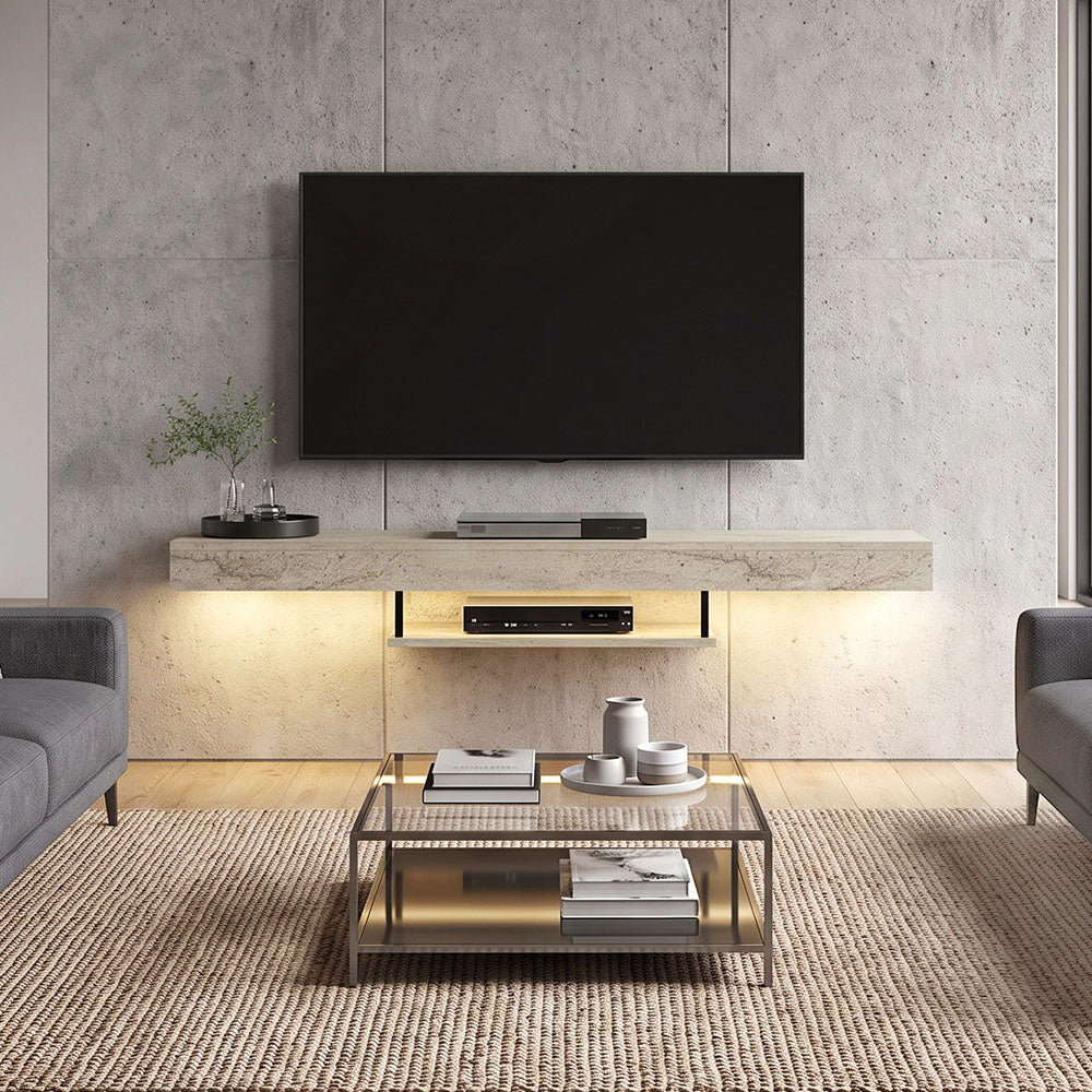 Έπιπλο Τηλεόρασης Επιτοίχιο Albares με LED Χρώμα Travertine 150x29,6x22