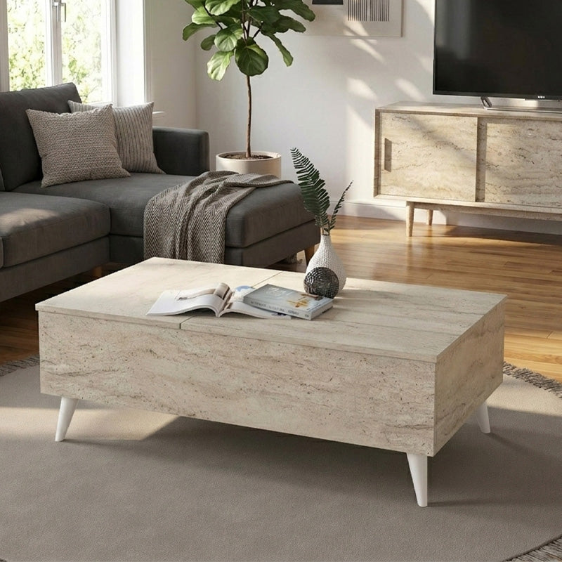 Τραπεζάκι Σαλονιού Roy με Σερβιτόρο Χρώμα Travertine 121x69x40