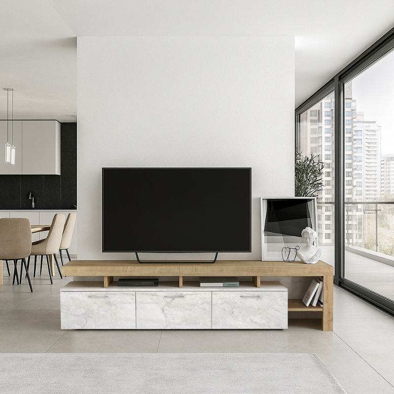 Έπιπλο Τηλεόρασης Acnes Χρώμα Λευκό Εφέ Μαρμάρου - Sapphire Oak 220x40x52