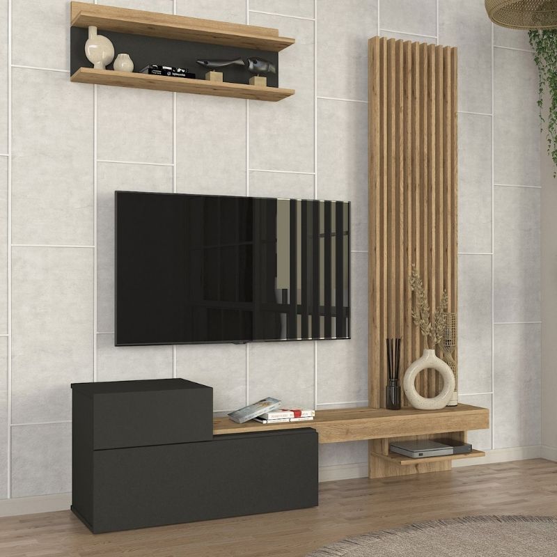 Σύνθεση Τηλεόρασης Dumont Χρώμα Ανθρακί - Sepet Oak 180x36,8x200