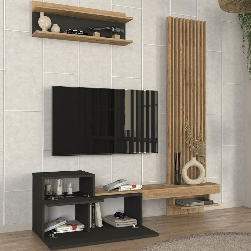 Σύνθεση Τηλεόρασης Dumont Χρώμα Ανθρακί - Sepet Oak 180x36,8x200