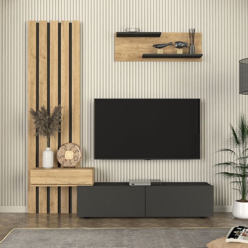 Σύνθεση Τηλεόρασης Rosaline Χρώμα Ανθρακί - Sepet Oak 183x31,3x196,9