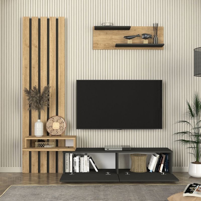 Σύνθεση Τηλεόρασης Rosaline Χρώμα Ανθρακί - Sepet Oak 183x31,3x196,9