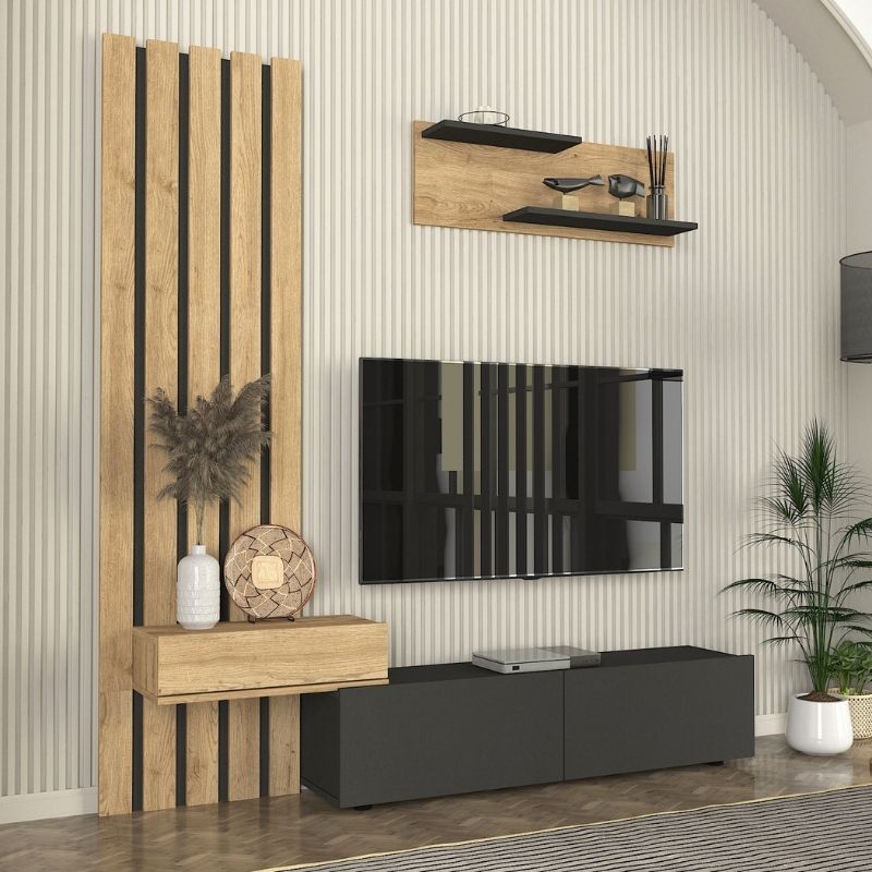 Σύνθεση Τηλεόρασης Rosaline Χρώμα Ανθρακί - Sepet Oak 183x31,3x196,9