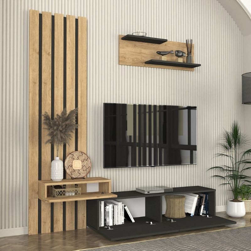 Σύνθεση Τηλεόρασης Rosaline Χρώμα Ανθρακί - Sepet Oak 183x31,3x196,9