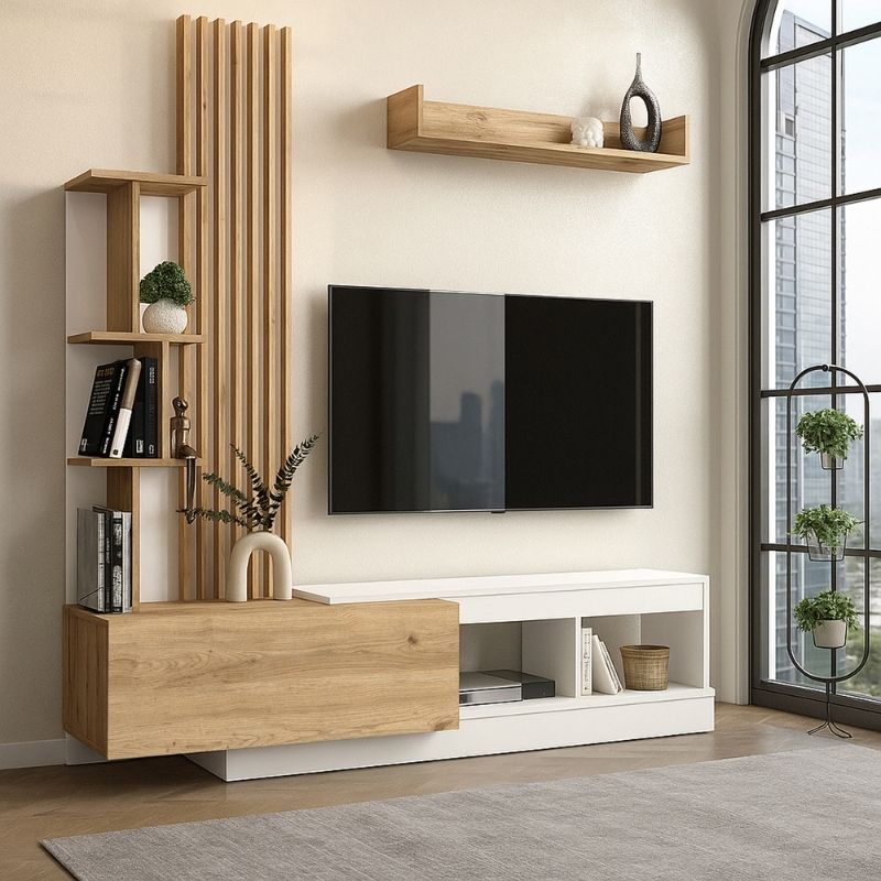 Σύνθεση Τηλεόρασης Vermont Χρώμα Λευκό - Sepet Oak 180x40x193,8