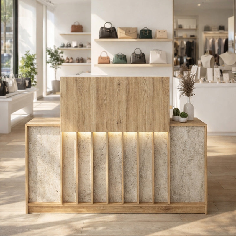 Γραφείο Υποδοχής - Reception Davis με LED Χρώμα Sepet Oak - Travertine 150x41,8x115