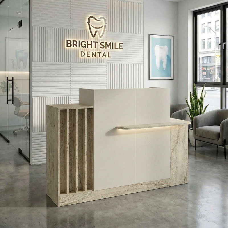 Γραφείο Υποδοχής - Reception Dayana με LED Χρώμα Travertine - Sandstone 150x85,2x120