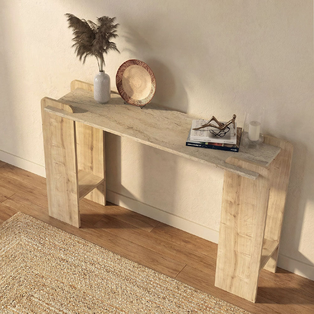 Κονσόλα Mendoza Χρώμα Sapphire Oak - Travertine 130,8x35x76,8