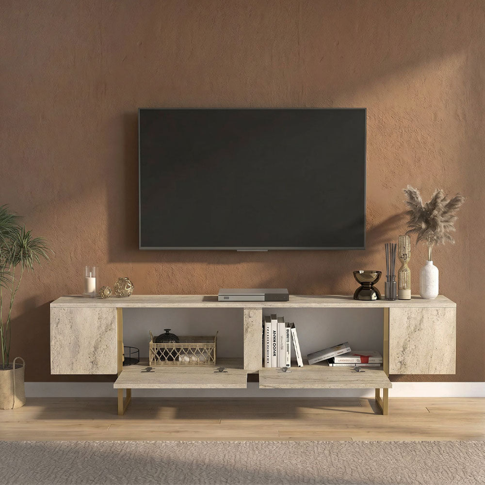 Έπιπλο Τηλεόρασης Orontes Χρώμα Travertine - Χρυσό 180x29,6x50